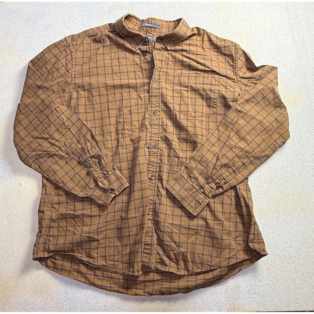 Eddie Bauer Mens XL Relaxed Fit Plaid Button Up Shirt Brown Cotton Flannel-2391